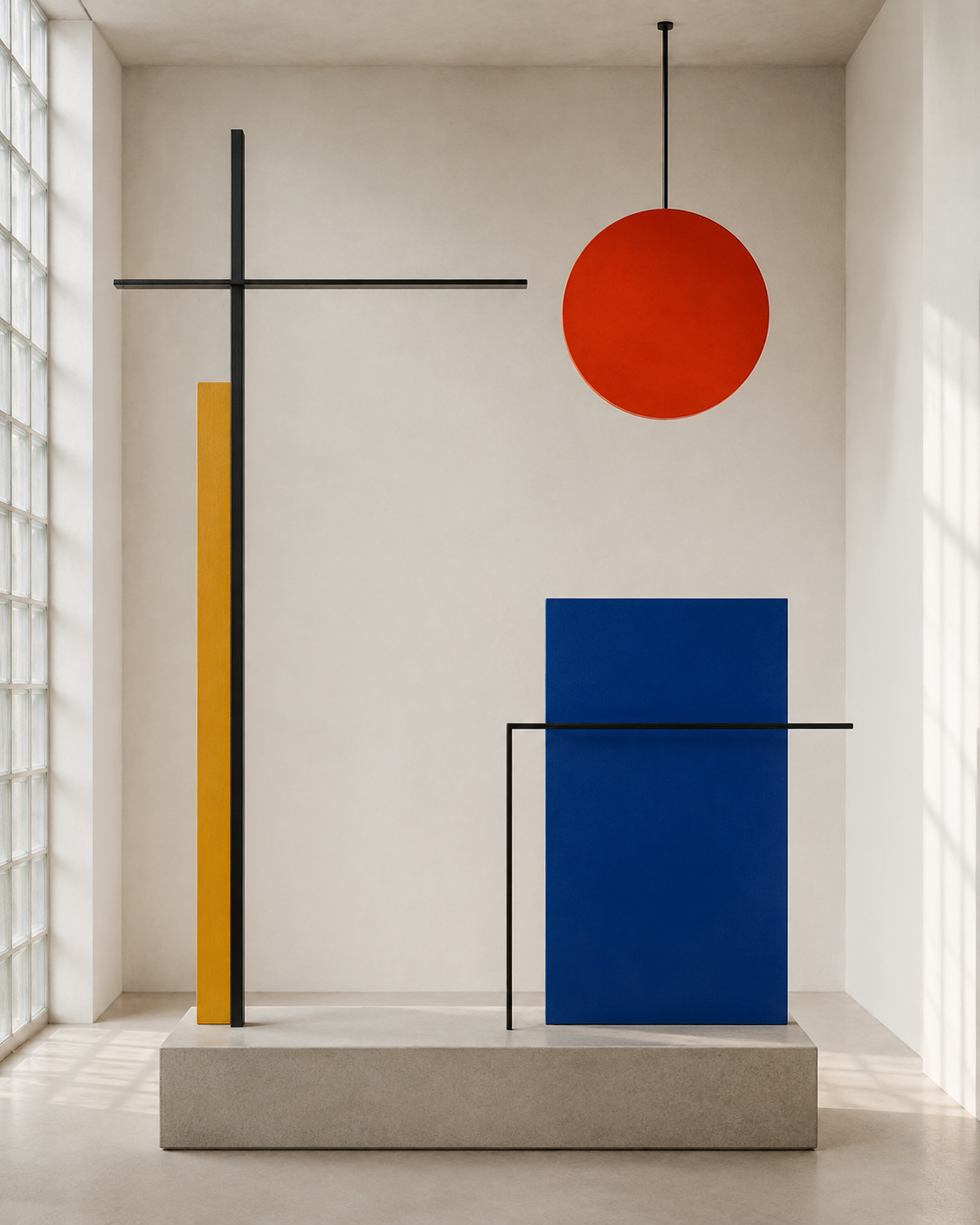A Bauhaus-inspired installation of red, blue, yellow and black geometric forms