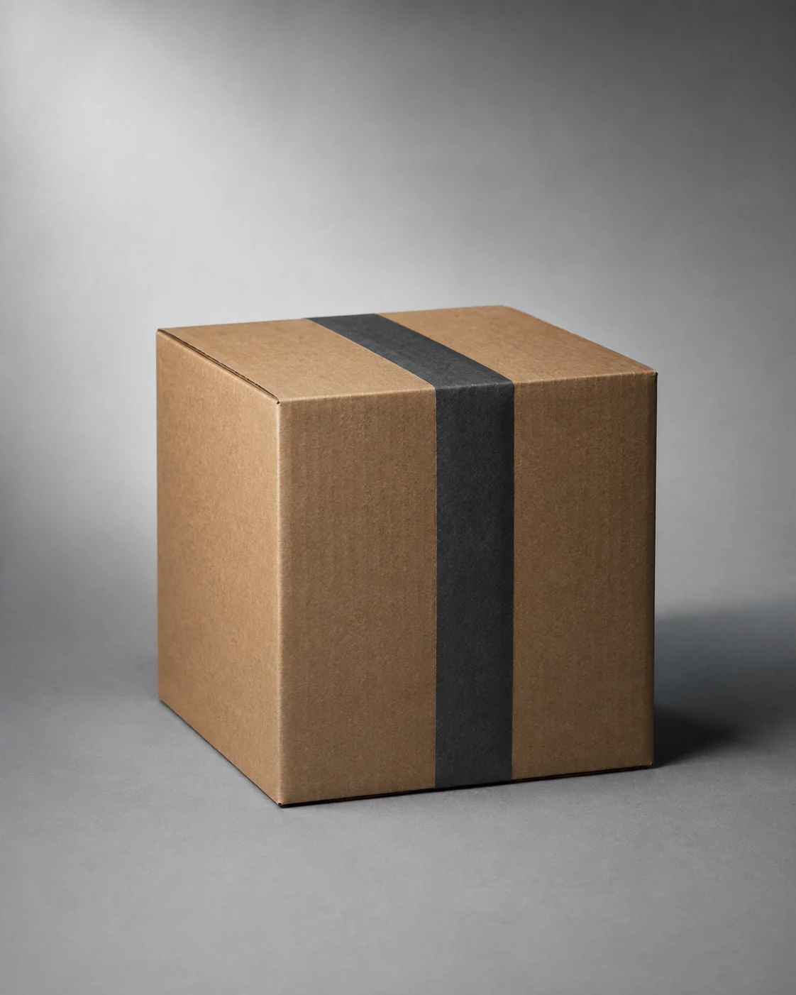 Sealed kraft paper blind box with a charcoal band, front view
